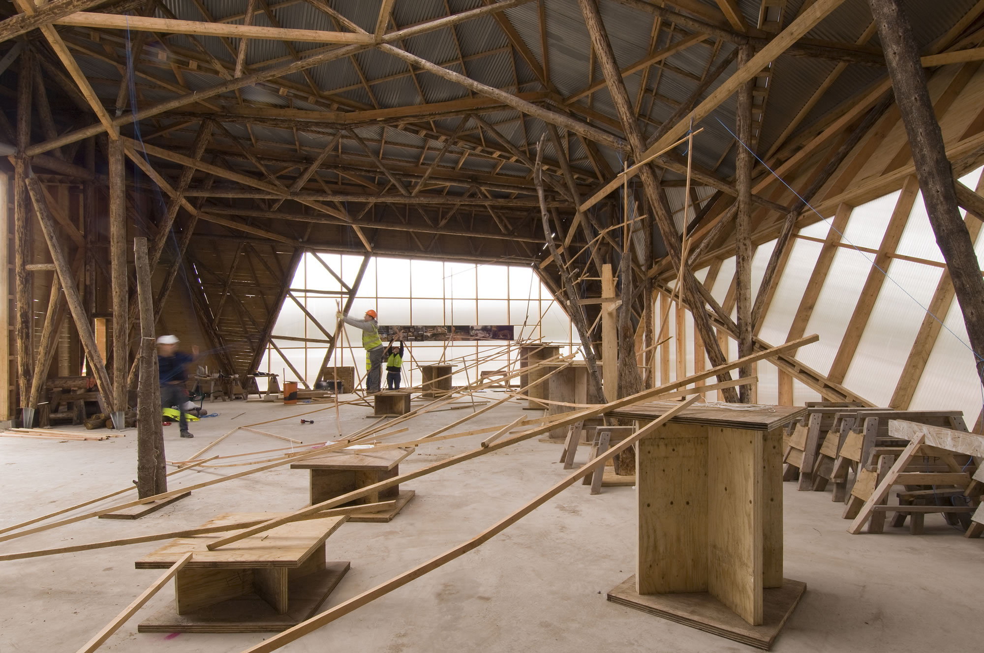 Hooke Park Big Shed Design & Make students making a spatial mock up VB 