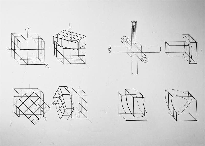 Technical Drawing of the movement and components of the Rubik's Cube.