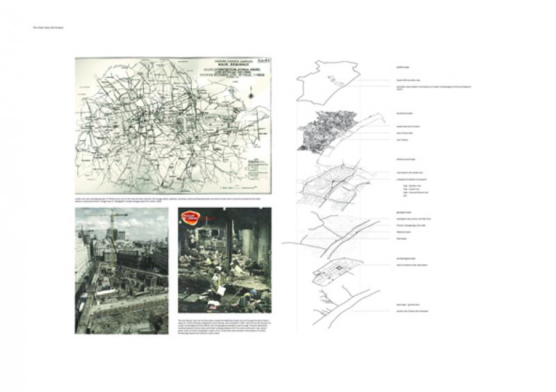 Political layer:
_Square Mile boundary map
_excavation sites studied in the Museum of London Archaeological Archive and Research Centre

Economical layer:
_present-day City of London
_area of study (site)
_river Thames

Infrastructural layer:
_road network and railway lines
_underground network (crossing of)
Tube - Northern Line
Tube - Central Line
Tube - Circle and District Line
DLR

Geological layer:
_topological map (contour and tide lines)
_Thames‘ hydrogeology (river bed)
_Walbrook Sewer
_Fleet Sewer

Archaeological layer:
_map of Londinium with Roman road system

Base layer - ground zero:
_ancient river Thames with tributaries